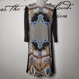 Donna Morgan PRINT SHIFT DRESS, Black, blue & Tan, 6